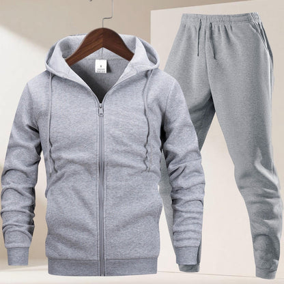 Autumn Winter Men's Hooded Sportswear Set, Simple Classic Versatile Outfit with Zip-Up -Lined Warm Jacket and Drawstring Sweatpants for Casual Leisurewear