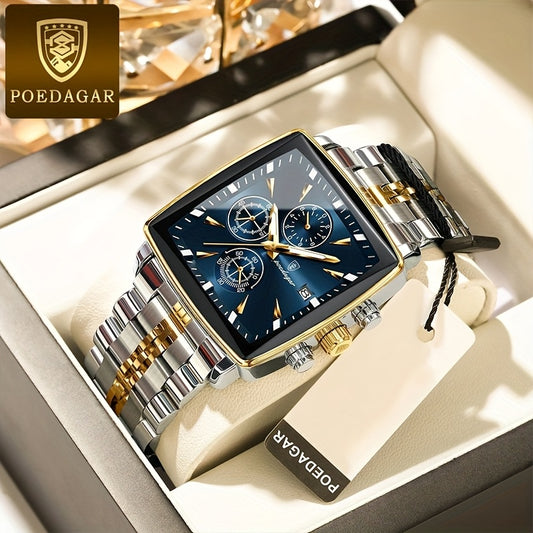 POEDAGAR Men's Stainless Steel Luminous Watch - Blue Dial Chronograph, High Quality Quartz Movement with Date Calendar, Golden-Tone Accents for Business Casual & Casual Attire, Formal Accessory, Stylish Accessory, Refined Cra