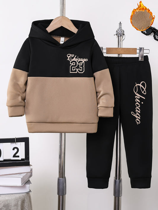 2pcs Boys' Autumn and Winter Fleece-Lined Hoodie Set with Long Pants, Simple Color Block Letter Print Fashion Sportswear Outfit for Outdoor Activities and Casual Attire, 100% Polyester Knit Stretch Durable Fabric, Perfect Gif