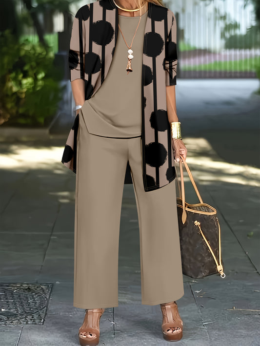 Կանացի 3 հատանոց հավաքածու, կետավոր նախշերով կարդիգան և միագույն բաճկոն՝ ամենօրյա հագուստի համար