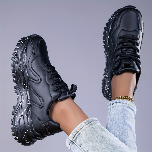 Women's Black Chunky Sneakers - Anti-Slip, Durable Casual Dad Shoes with Glossy Finish  Star Pattern, Lace-Up Low Tops for All Seasons, Allseason Sneakers   Chunky Sole Sneakers   Comfortable Fabric Lining