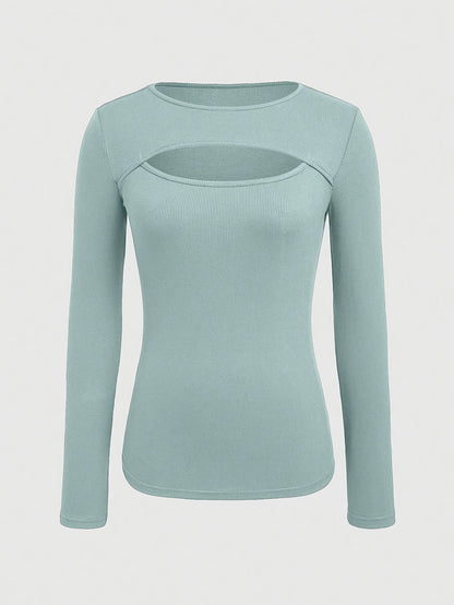 1 հատ Essence կանացի էլեգանտ, կողավոր երկար թևքով մարզաշապիկ, պոլիեսթերի և սպանդեքսի խառնուրդ, խոռոչավոր դետալներով, միագույն, կլոր վզնոցով, սովորական երկարությամբ, տրիկոտաժե կտոր - աշուն/ձմեռ հավաքածու