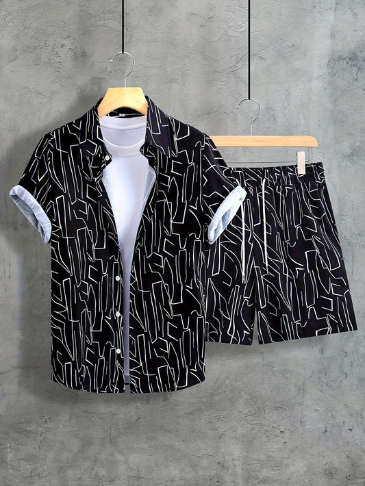 Տղամարդու ամառային առօրյա կարճ թևքով վերնաշապիկի և շորտերի հավաքածու, երկրաչափական նախշերով, քառակուսի վզնոցով, կանոնավոր չափսերով, 100% պոլիեսթեր, հյուսված կտոր, 120գ/մ² - սև