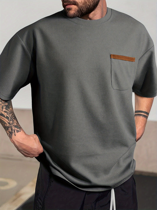 Men's Solid T-shirt With Chest Pocket, Casual Short Sleeve Crew Neck Tee, Men's Clothing For Summer Outdoor - ayq