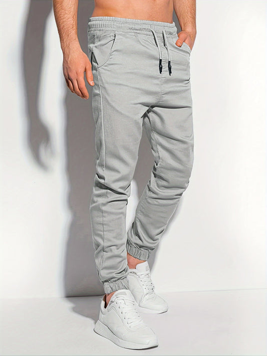 Classic Design Solid Color Regular Fit And Cuffed Sports Pants With Drawstring And Pockets, Versatile And Comfy Trousers For Men's Outdoors Sports Wear