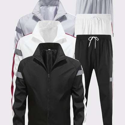 Men'S Casual Sportswear Set - 2pcs Autumn Fashionable Lightweight Fleece Jacket & Pants, Black & White with Red & Gray Accents, Perfect for Outdoor Activities & Casual Wear, Outdoor Casual Wear | Stylish Sportswear | Comforta