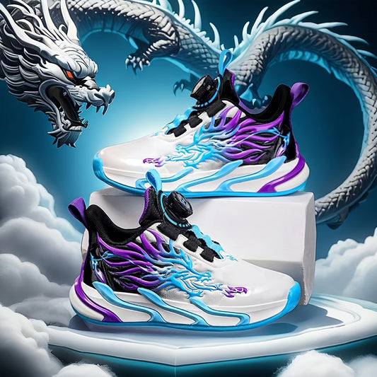 Youth Rotary Buckle Striped Cross-Training Sneakers - Low Top PU Upper, Fabric Inner, PVC Sole, Fabric Insole for Ages 14 and Under - Stylish Fitness Running Shoes for