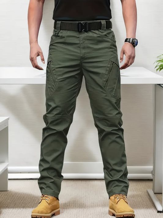 Men's Olive Green Tactical Cargo Pants - Durable Polyester, Multi-Pocket Design for Hiking & Outdoor Adventures, Machine Washable, Camping Gear