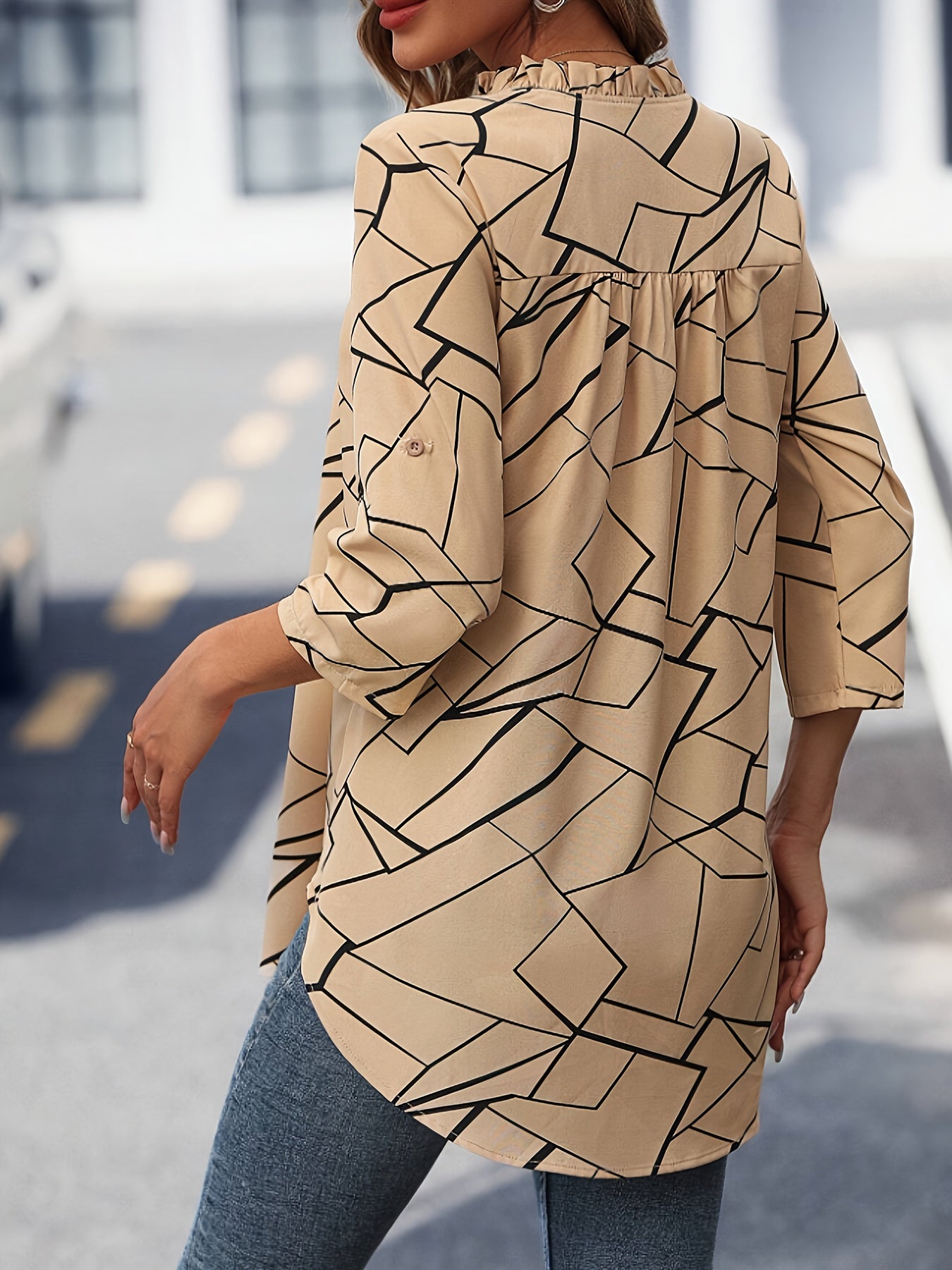 Geo Print V պարանոցով բլուզ, էլեգանտ ծալովի թևով վերնաշապիկ՝ գարնան և ամառի համար, կանացի հագուստ