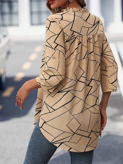 Geo Print V պարանոցով բլուզ, էլեգանտ ծալովի թևով վերնաշապիկ՝ գարնան և ամառի համար, կանացի հագուստ