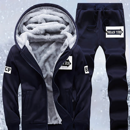 Տղամարդու «SHAN YES» այբուբենի նախշերով, խիտ աստառով, գլխարկով սվիտերի և վազքի համար նախատեսված տաք մարզական հագուստ, աշնանային և ձմեռային։