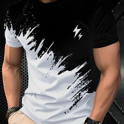 Men's Casual Short Sleeve T-Shirt with 3D Lightning Print, Dual-Tone Design, Round Neck - Polyester Blend, Machine Washable, Ideal for Summer Outdoor Activities, Summer Casual Wear|Round Neck Top|Smooth Fabric