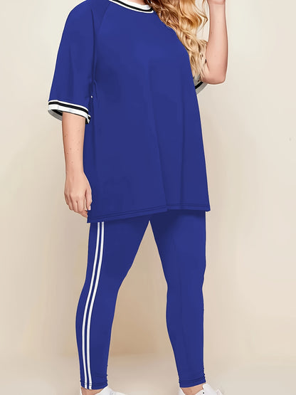 Կանացի մեծ չափսի առօրյա հանգստի հավաքածու - մոխրագույն և սպիտակ գծավոր մեծ չափսի մարզաշապիկ համապատասխան մարզաշապիկով, հարմարավետ բոլոր եղանակների տնային հագուստ, մարզաշապիկներ կանանց համար