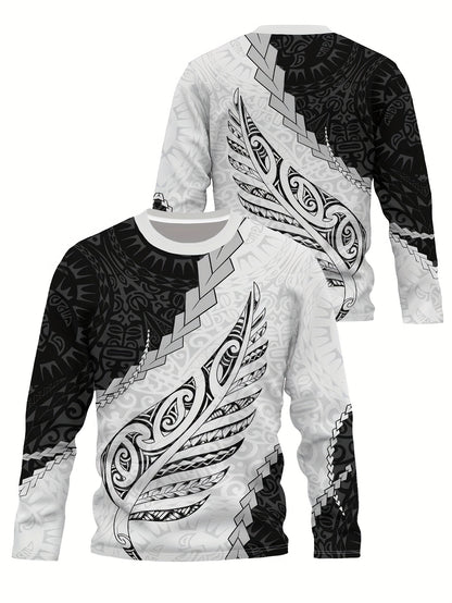 Տղամարդու գրաֆիկական դիզայնով երկար թևքով շապիկ՝ Նոր Զելանդիայից մաորի արծաթափայլ պտերի պատկերով, հարմարավետ, առօրյա սվիտեր՝ կատարյալ գարնան և աշնան համար, իդեալական տղամարդկանց նորաձև հագուստի համար։