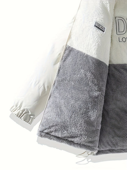 Men'S Double-Sided Fleece-Lined Thickened Jacket - Casual Stand Collar with Letter Print, Regular Fit, Pockets, Polyester Fill, Versatile for Fall/Winter, Winter Jacket