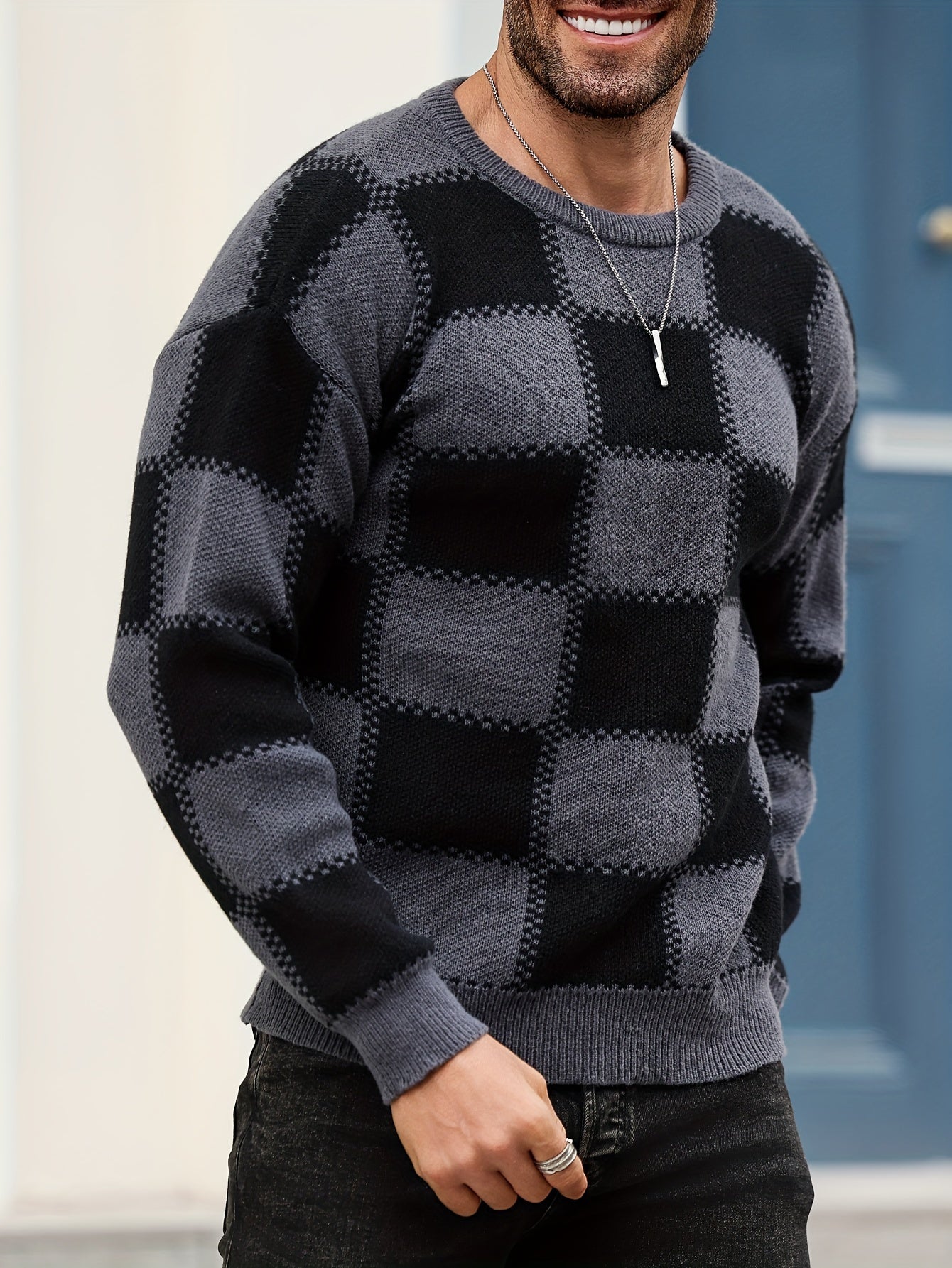 Տղամարդկանց գունաբլոկինգ տեքստուրային պրինտ, պատահական թրենդային սվիտեր, երկարաթև պուլովեր՝ որպես նվեր աշնան և ձմռան համար