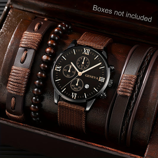 Middle East, Ramadan Men Watch 1pcs Men's Black Nylon Strap Casual Industrial Style Round Dial Calendar Pointer Quartz Watch And 3pcs Bracelets Watch for Men Suitable for Men Party Birthday Wear Or As Brother The Best Gift fo - Ayq