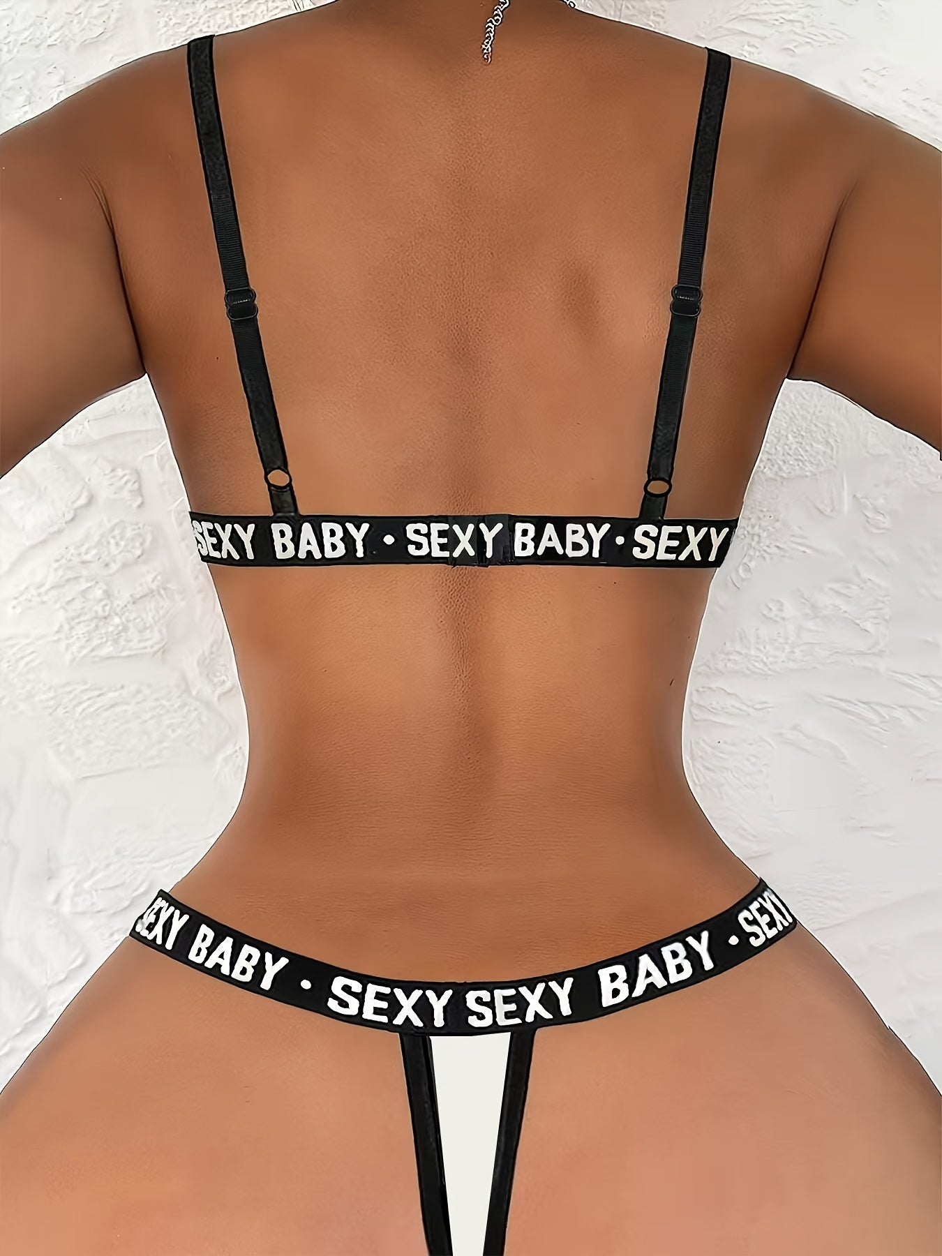 Women's Sexy Backless Lingerie Set, High-Waisted Panties with Alphabet Print, Deep V Strappy Bra, Knit Fabric Underwear for Adults - Ayq