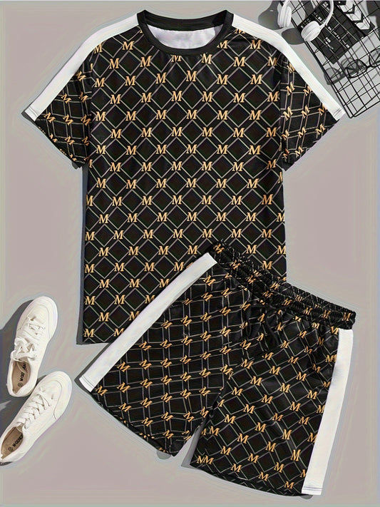 2pcs set for men in spring, summer and autumn with M letter print pattern and white side color suit - breathable round neck short-sleeved T-shirt and comfortable elastic waist shorts with pockets - complete Men's casual wear