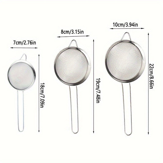 3pcs Stainless Steel Fine Mesh Strainers with Metal Handles - Multi-Size Flour Sifters & Oil Filters for Baking, Cooking, and DIY Kitchen Use - Durable Metal Screening Mesh for Food Filtering, Stainless Steel Mesh Strainer Ba