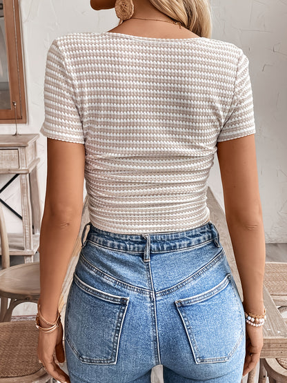 Կանացի էլեգանտ գծավոր, քառակուսի վզով կարճ թևքով վերնաշապիկ - կիսաթափանցիկ բլուզ՝ կարճ կտրվածքով, լվացքի մեքենայով լվացվող գարուն-ամառ առօրյա, շքեղ վերնաշապիկներ, կարճ վերնաշապիկով բլուզ, առօրյա հագուստ, նրբագեղ հյուսվածք