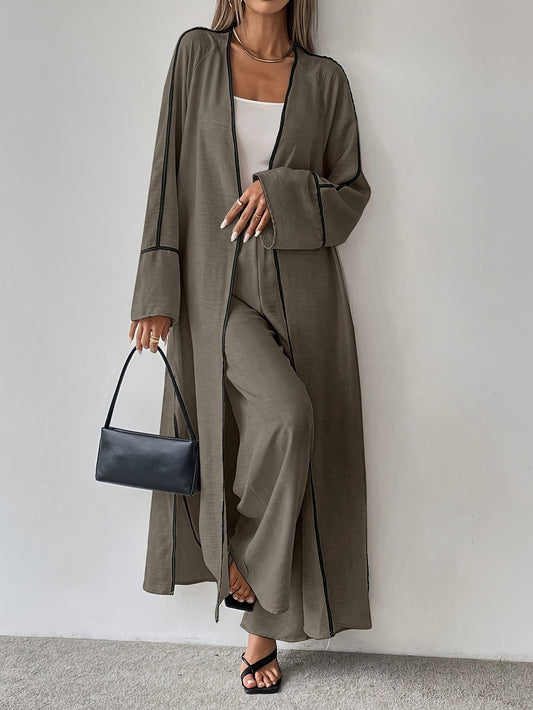 Կանացի էլեգանտ, նորաձև, աշխատանքային, առօրյա, երկկտոր հավաքածու՝ երկար թևքերով կարդիգան՝ գունային բլոկների դետալներով և լայն տաբատով, ազատ չափսով, բոլոր եղանակների համար, նորաձև աշխատանքային հագուստ | Առօրյա ոճ | Գունային բլոկների դետալներ