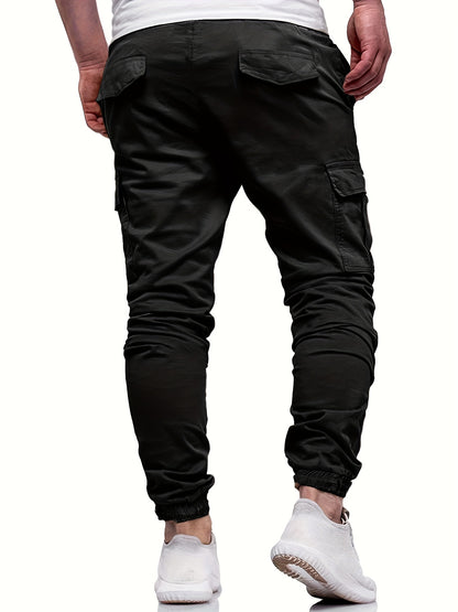 Men's Fashion, Regular Fit And Cuffed Solid Cargo Pants With Flap Pockets, Chic And Trendy Solid Drawstring Leisure Trousers For Daily Outerwear - ayq