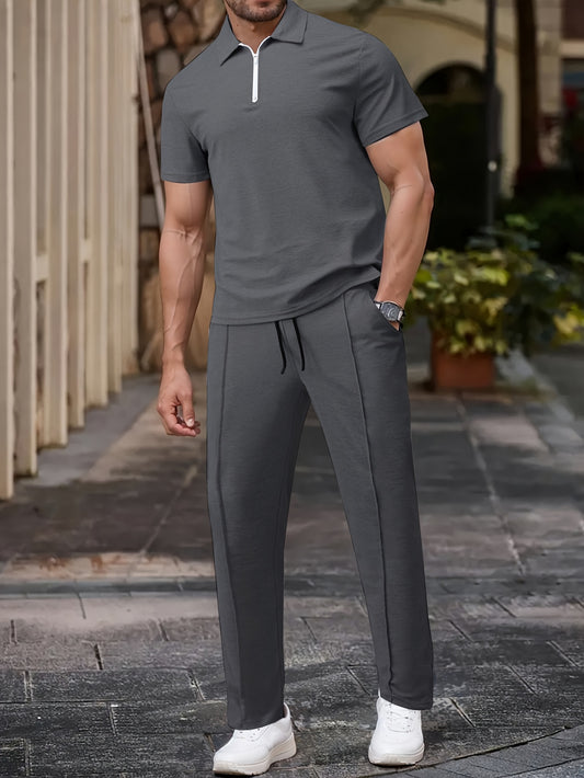 Տղամարդու ամառային միագույն, նորաձև, առօրյա կոստյում, կարճ թևքերով, օձիքով, երկար տաբատով, կատարյալ է բացօթյա օգտագործման համար