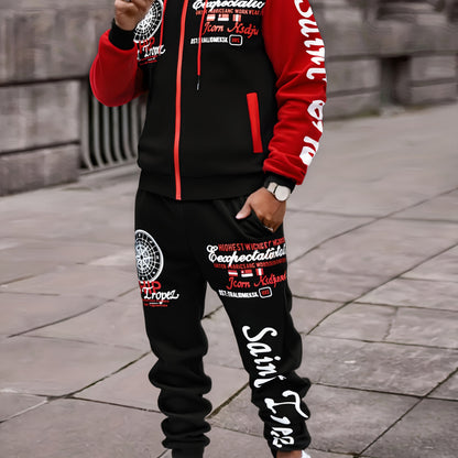 Men'S Bold Print Urban Streetwear Pullover Hoodie & Pants Set - Black & Red with "Saint" Design, Polyester, Long Sleeve, Regular Fit, Spring/Fall Casual Wear, Casual Streetwear Outfit|Bold Print Hoodie|Stretchy Fabric