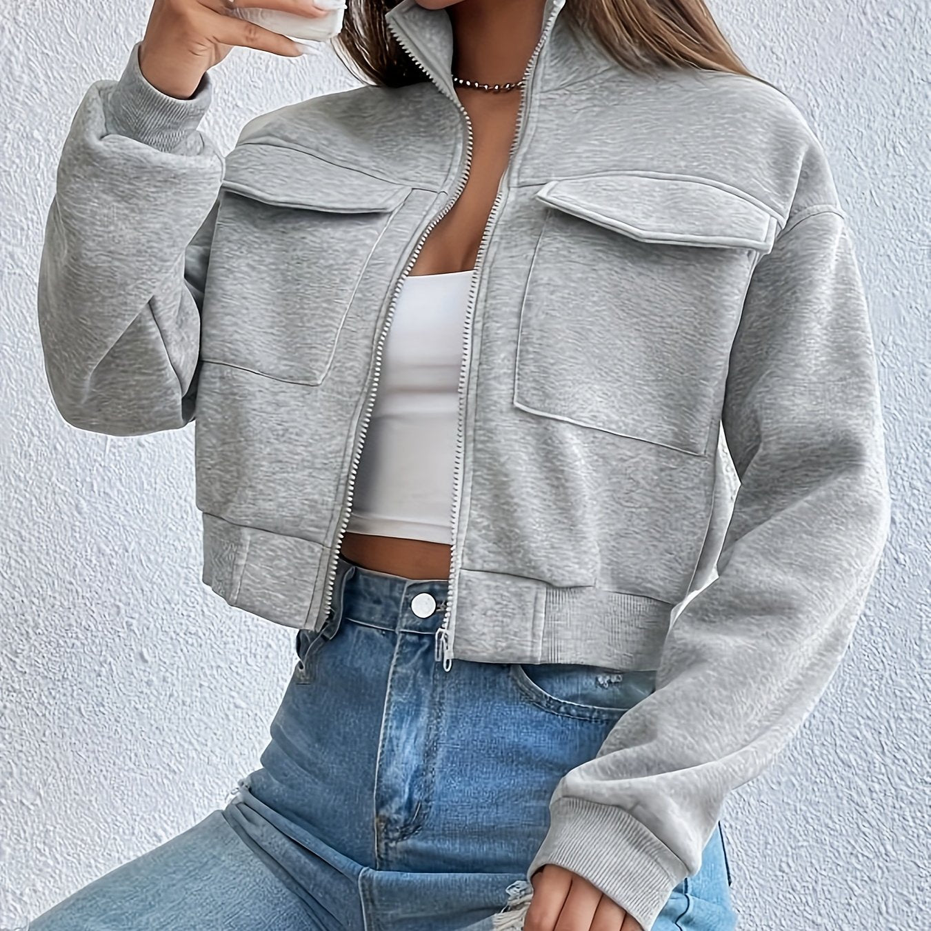 Zip Front Flap Pockets Jacket, Casual Turtleneck Crop Jacket For Fall, Women's Clothing - ayq