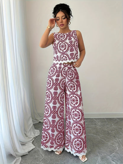 2 հատ կանացի բուսական նախշերով կլոր վզնոցով անթև վերնաշապիկի և տաբատի հավաքածու