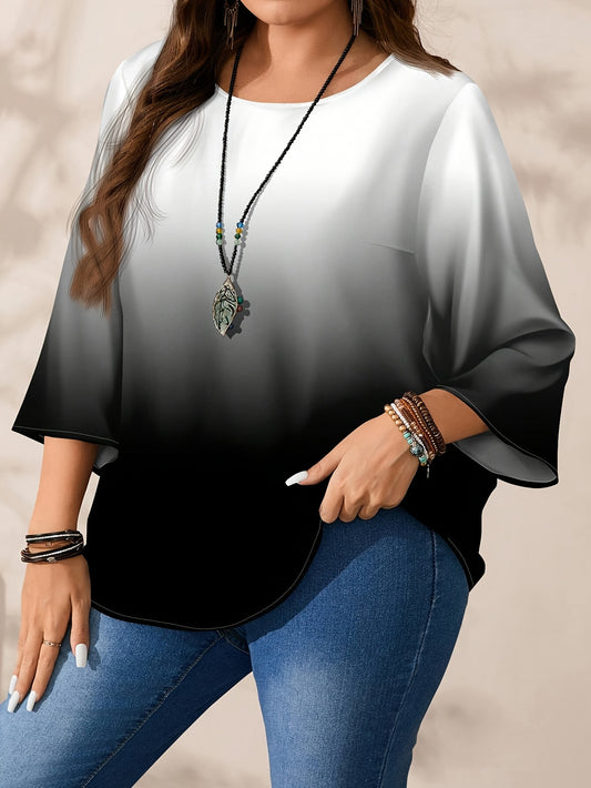 Գրասենյակ պատրաստ է| Elegant Plus Size կանացի գրադիենտ բլուզ - միջին երկարությամբ, երեք քառորդ թևով, կլոր վզով, չձգվող պոլիեսթեր - լվացվող մեքենայով և չոր մաքրվող - կատարյալ գարնան/աշունի համար, պլյուս չափսի բլուզ: