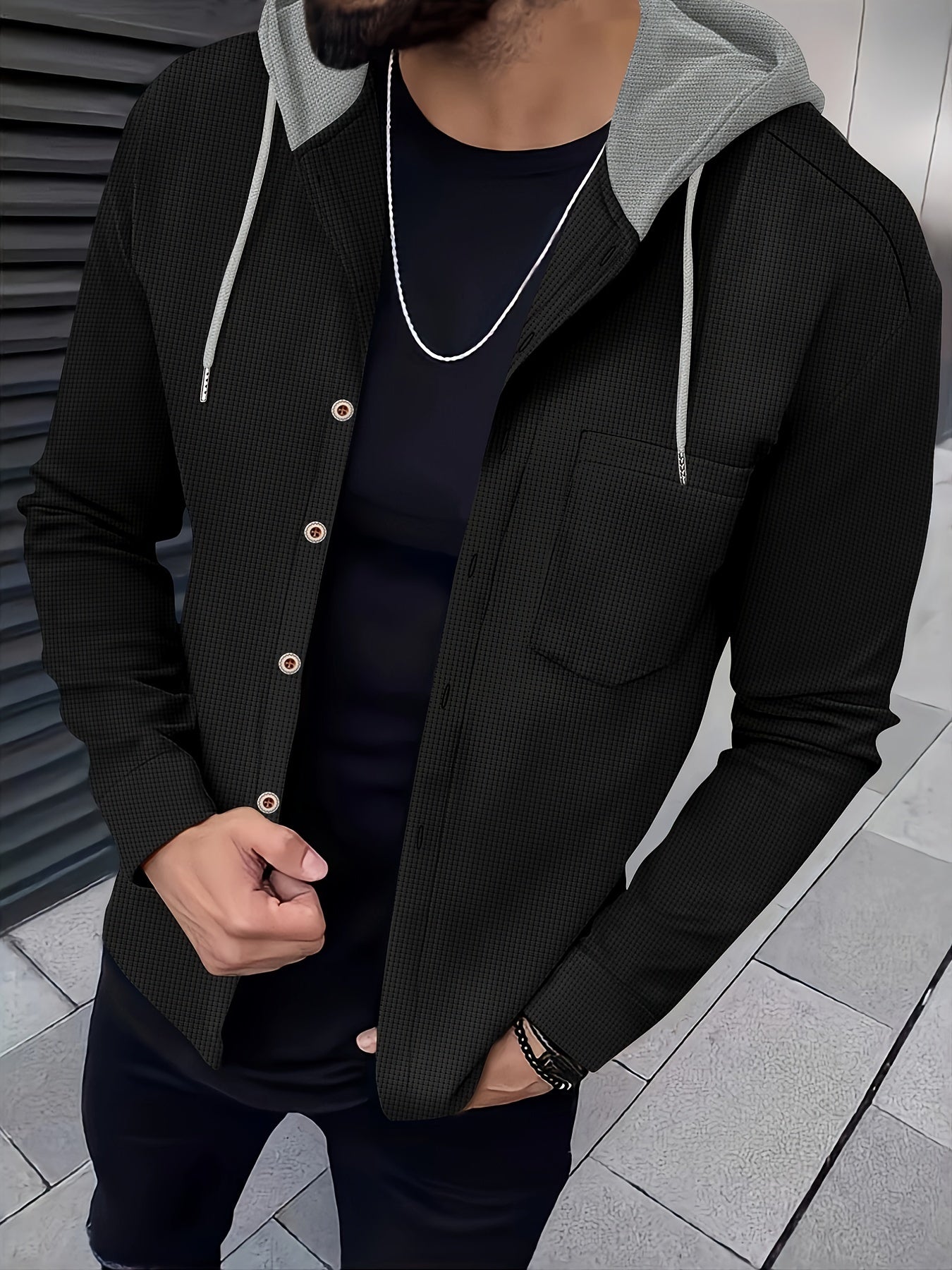 Տղամարդու առօրյա գլխարկով բաճկոն - փափուկ, շնչող պոլիեսթերից՝ կոճակներով դիզայնով և գրպաններով | Հիանալի է գարնանային, աշնանային և բացօթյա գործունեության համար, երկար թևքերով, նորաձև, ամենօրյա, հանգստի ոճով, ավանդական տարբերակով