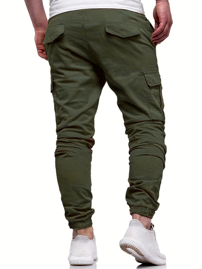 Men's Fashion, Regular Fit And Cuffed Solid Cargo Pants With Flap Pockets, Chic And Trendy Solid Drawstring Leisure Trousers For Daily Outerwear - ayq