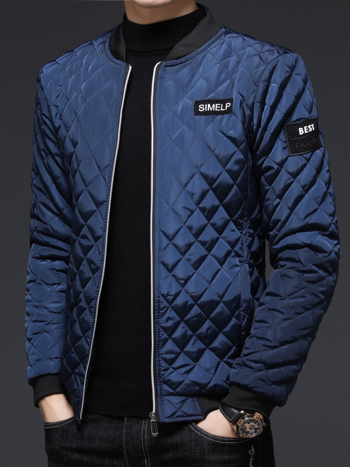 Men's Casual Quilted Zip Up Jacket, Chic Baseball Collar Jacket For Fall Winter
