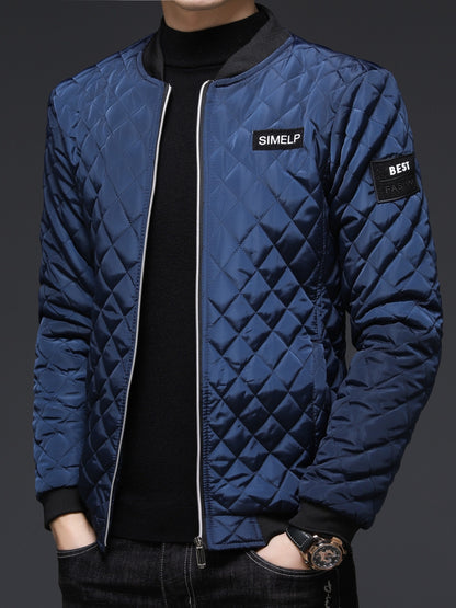 Men's Casual Quilted Zip Up Jacket, Chic Baseball Collar Jacket For Fall Winter
