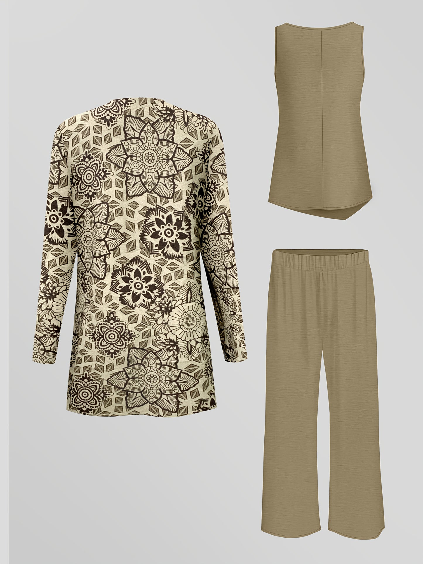 Stylish Elegant Set, Printed Long Sleeve Cardigan with Solid Color Vest and Casual Pants, Everyday Three-Piece Outfit