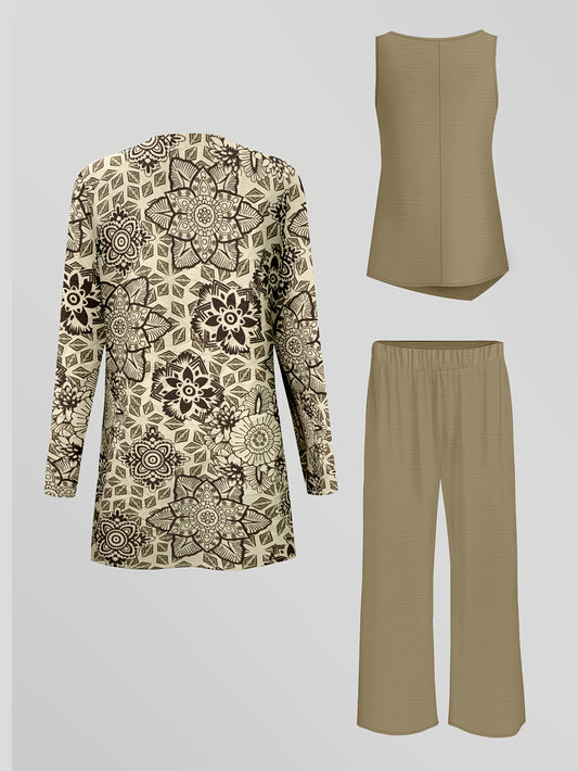 Stylish Elegant Set, Printed Long Sleeve Cardigan with Solid Color Vest and Casual Pants, Everyday Three-Piece Outfit