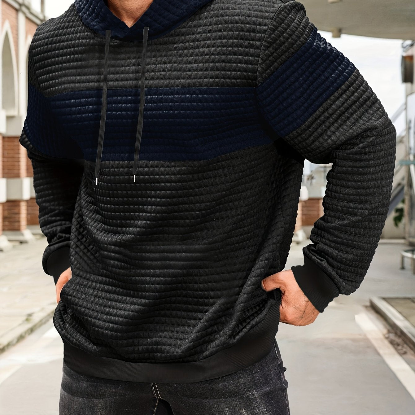 Նորաձև գլխարկով սվիտեր | Տղամարդու առօրյա սվիտեր թեթևակի ձգվող գործվածքից, երկար թևքերով, գրպանային դետալներով, միագույն նախշերով՝ գարուն/աշուն