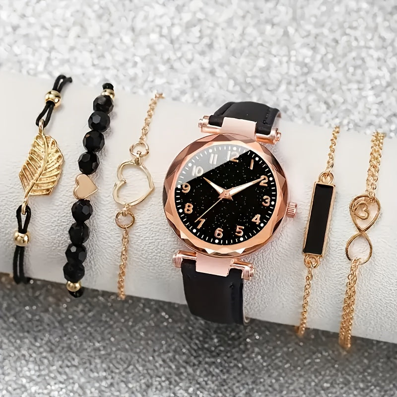 6pcs Women'S Watch Set, Simple Style Quartz Movement, Round Case, PU Leather Band, Non-rechargeable Button Battery, with Elegant Ladies Wrist Watch Gift Set for Christmas, New Year, Birthday - Ayq