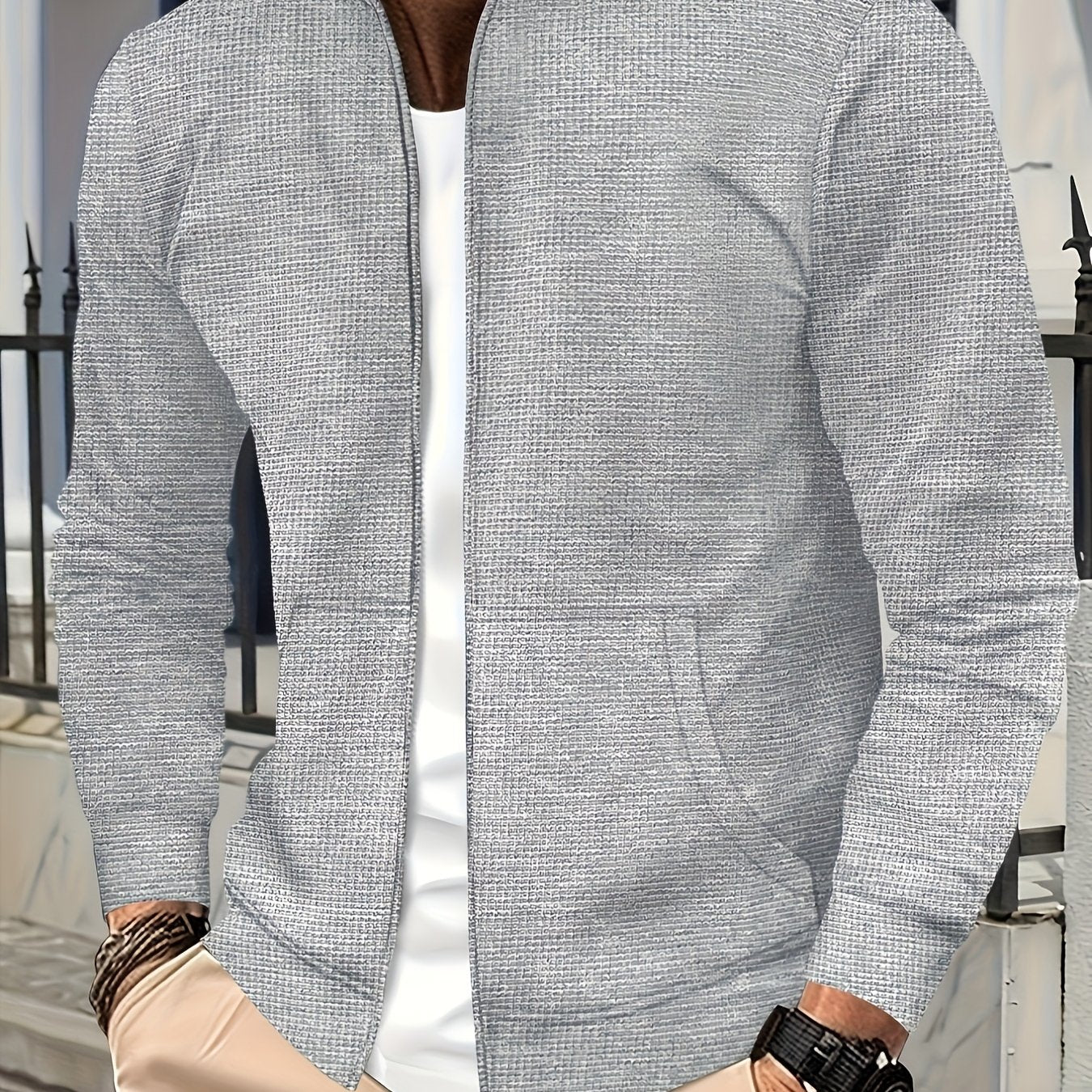 Տղամարդու թեթև բաճկոն՝ կանգնած օձիքով - առջևի կայծակաճարմանդով փակվող, սովորական չափսի, առօրյա և պաշտոնական հագուստի համար - Գարուն/աշուն վերնազգեստ սպիտակ/չեզոք երանգներով - Հեշտ խնամքի կայծակաճարմանդով բաճկոն