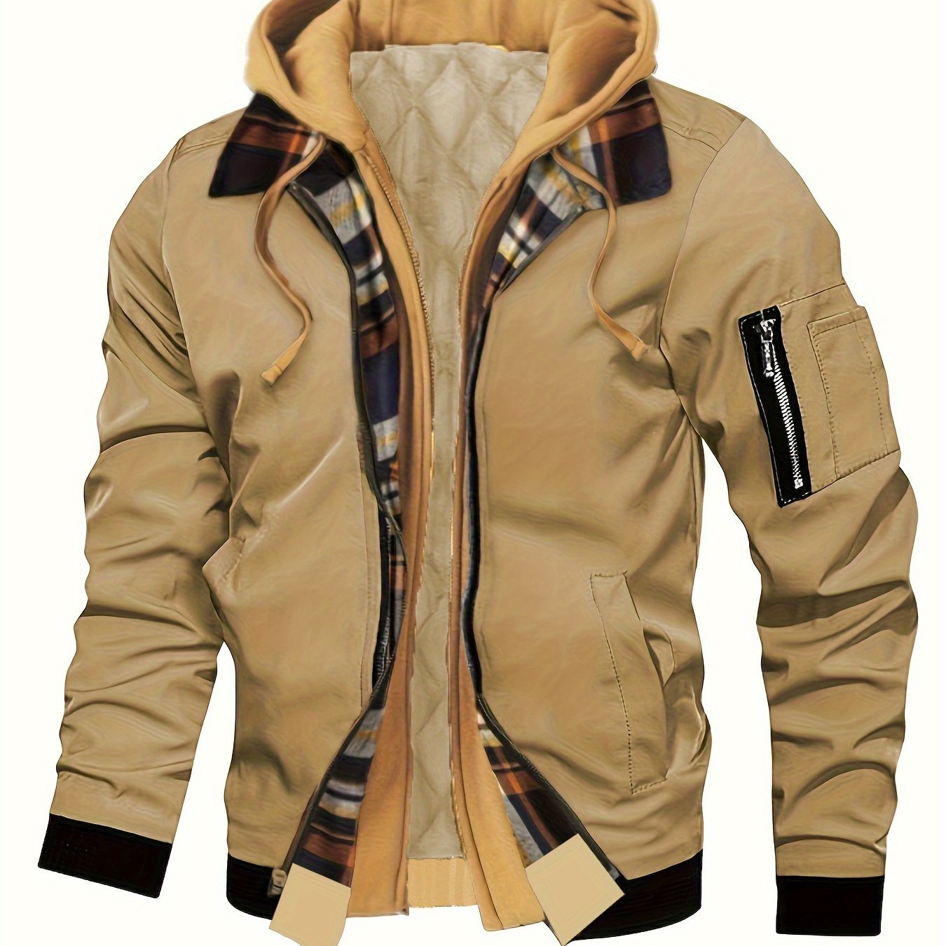 Men'S Warm Fleece-Lined Hooded Jacket with Plaid Details - Casual Winter Coat for Outdoor Activities, Zip-Up, Regular Fit, Polyester Lined, Functional Pockets, Windproof & Warm, Functional Winter Jacket | Stylish Men'S Jacket
