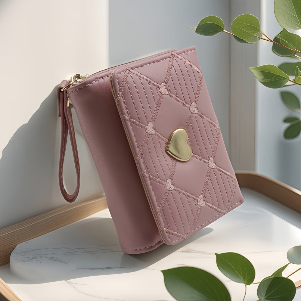 Fashion Rhombus Heart Pattern Tri-Fold Multi-Card Slot Zippered Compartment Multi-Functional Portable Mini Women's Wallet