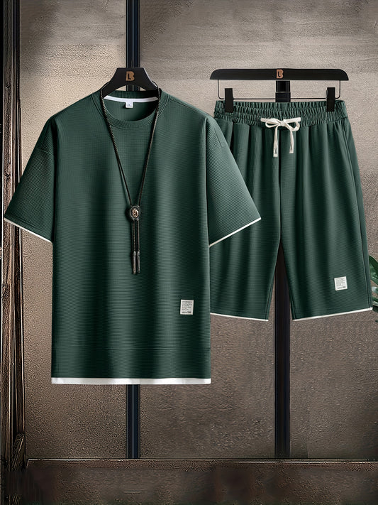 Waffle Grid տղամարդու նորաձև կլոր վզնոցով շապիկ, շնչող, առօրյա սպորտային կոստյում, երկմասանոց հավաքածու