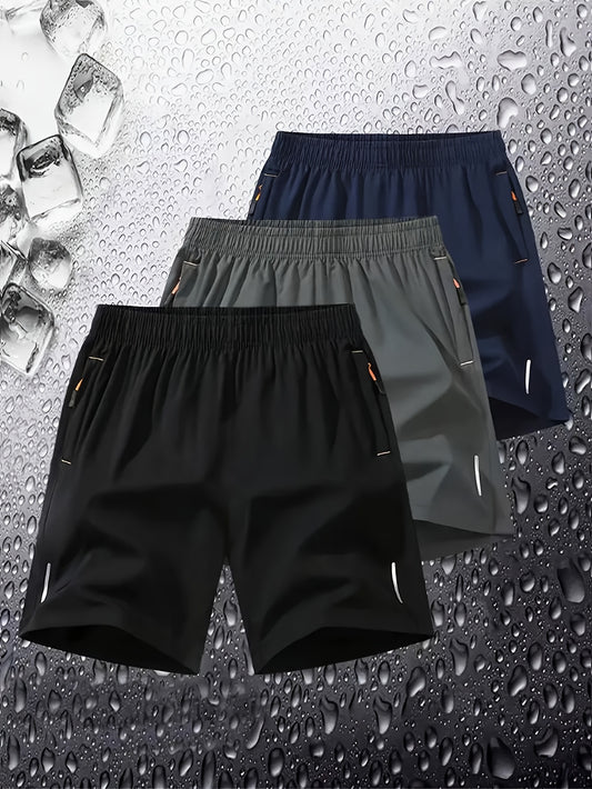 Տղամարդկանց նորաձև սպորտային պատահական շորտեր 3 փաթեթով, 97% պոլիեսթեր 3% էլաստան, պինդ գույն, կայծակաճարմանդ դետալ, հյուսված գործվածք, թեթև ձգվող, ազատ տեղավորվում է, 117 գ/մ² քաշ