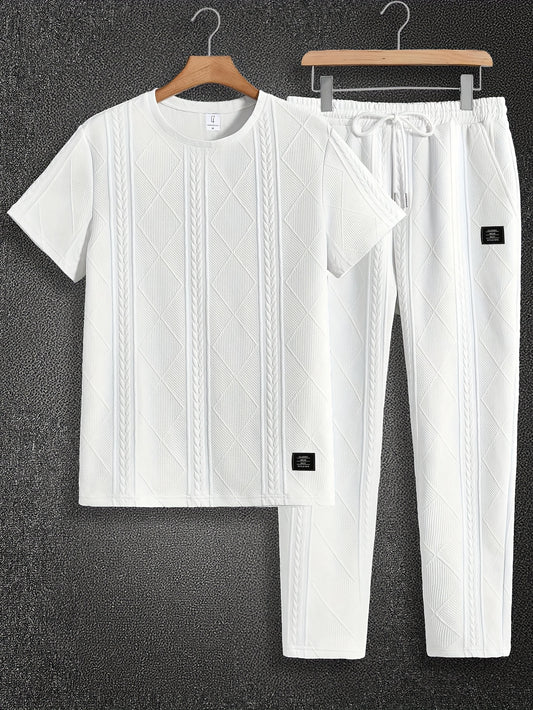 Տղամարդու կարճ թևքերով, կլոր վզով, հյուսվածքային, գործված տաբատով և պիժամայով հավաքածու - շագանակագույն, առօրյա, տնային օգտագործման համար, գոտիով, ամառային հարմարավետություն, ամենօրյա պիժամա | Առօրյա ոճ | Հարմարավետ չափս, պիժամա