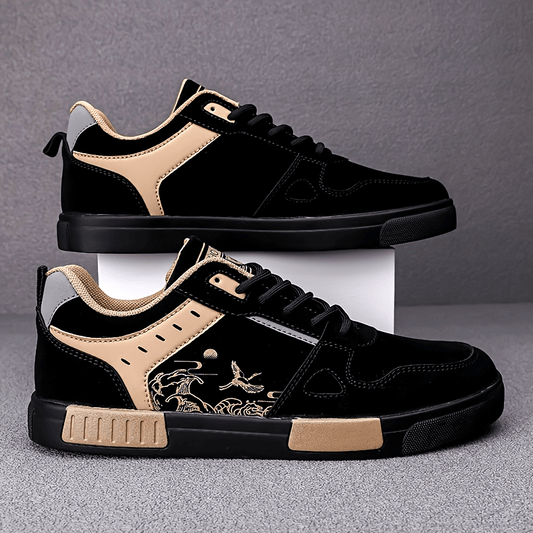 Men's Spring Collection Black and Beige Casual Sneakers - Anti-Slip, Odor-Resistant, Thick Rubber Sole for Height Boost, Lace-Up Sports Shoes with Fish Design