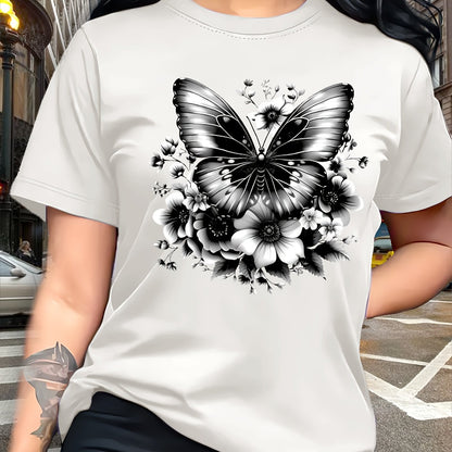 Circle Chic թիթեռի նախշերով շապիկ - նրբագեղ դիզայն, կլոր վզնոցով ամենօրյա վերնաշապիկ - շնչող և թեթև, իդեալական է գարուն/ամառ զգեստապահարանի համար