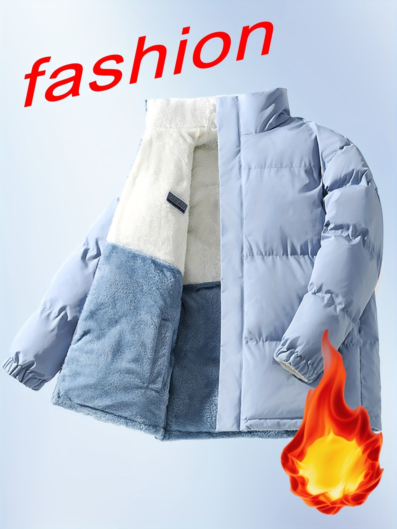 Men'S Double-Sided Fleece-Lined Thickened Jacket - Casual Stand Collar with Letter Print, Regular Fit, Pockets, Polyester Fill, Versatile for Fall/Winter, Winter Jacket