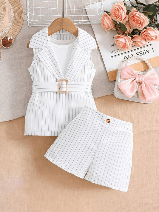 2pcs Girls' Outfit Set - Casual Polyester Lapel Collared Sleeveless Striped Vest Top with Matching Shorts and Belt, Non-Stretch Woven Fabric, Regular Fit for Spring/Summer, for Outdoor - Ayq